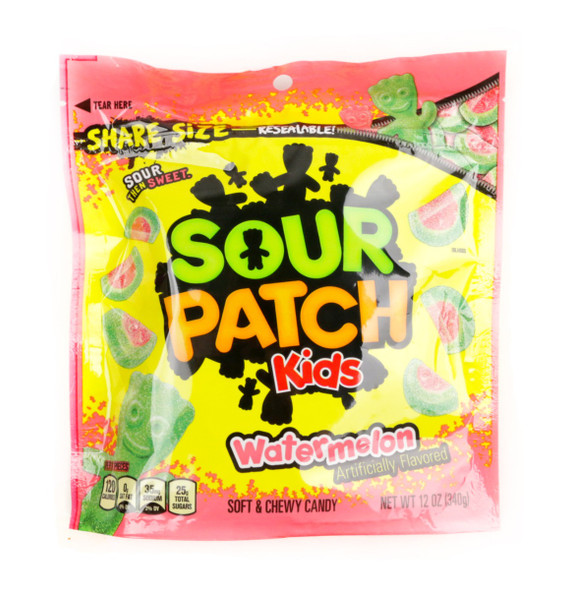Sour Patch Watermelons, sweet and sour green and red watermelon-shaped gummies with sour crystals. Approx 90 per pound.