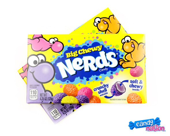 12-pack Nerds Big Chewy Theater Boxes, 4.25 oz. Tangy crunchy shell, chewy center orange, lemon, strawberry, grape candy.