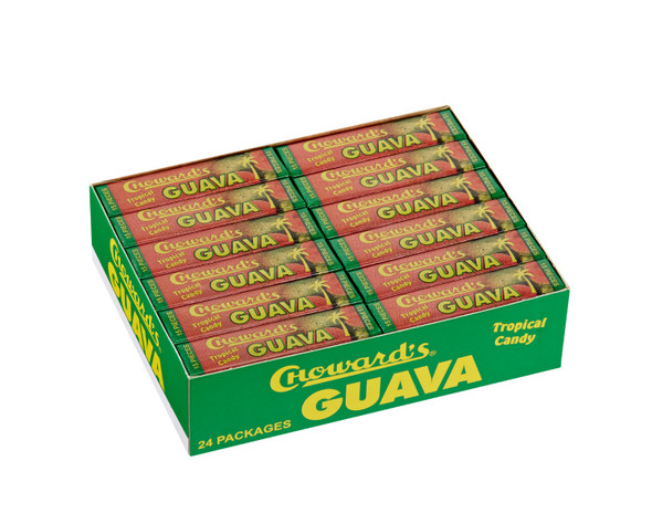 Choward's Guava Mints, white square mints with brand name, tropical guava flavor. Display box of 24 packs.