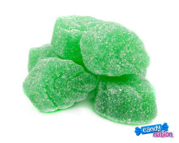 Green spearmint leaf jelly candies, soft, chewy, sugar-sanded, 5 lb bulk bag, approx 225 pieces.