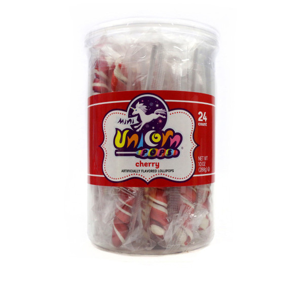 6 packs of 24 red mini unicorn lollipops, 144 total, individually wrapped cherry candy by Adams Brooks.