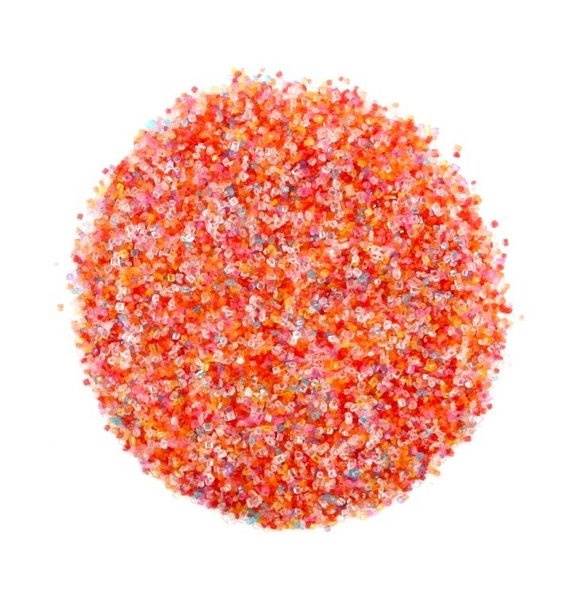 Rainbow Sanding Sugar, vibrant red, pink, orange, yellow, green, blue, purple, white small sugar granules for baking.