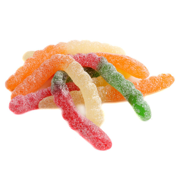 Albanese Large Sour Worms, 4.5LB 4 bags. Multi-colored red, green, yellow, orange sour worms, about 4 inches long.