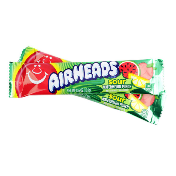 Airheads Sour Watermelon Punch chewy candy. Bulk case with 12 boxes, 36 pieces each. Tart red & green sour flavor.