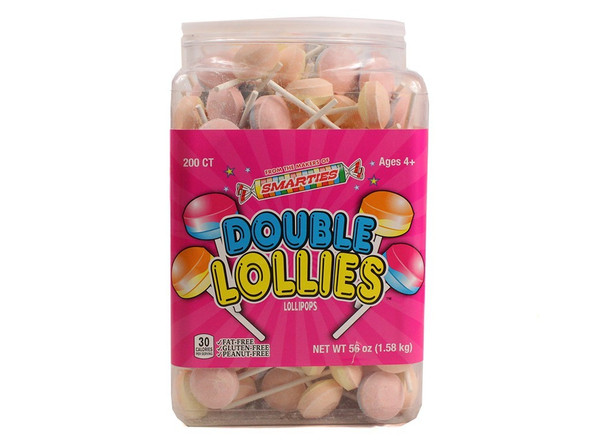 Smarties Double Lollies, 20lb bulk, 6 packs, 200 unwrapped multi-colored lollipops, featuring two classic flavors each.