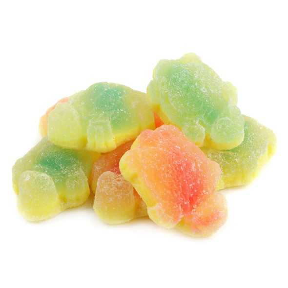 8 ChewzMe Sour Gummy Turtles, blue raspberry and cherry red, sugar coated, chewy, sour candy.