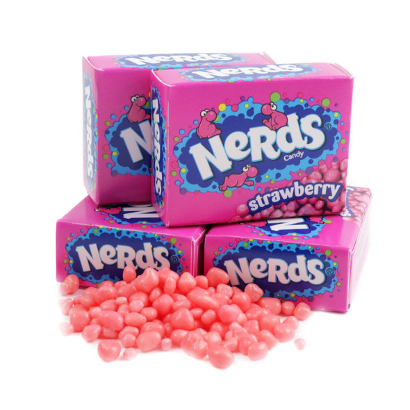 Bright pink Nerds Mini Boxes, strawberry flavored, bulk 30LB case of tiny tangy crunchy candy for parties.
