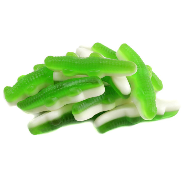 Vibrant green Kervan Gummy Crocodiles, miniature crocodile shape, detailed with square scales. Bulk 5LB candy.