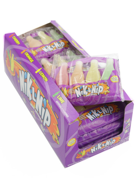 Concord Nik-L-Nip Original Wax Bottles, multi-colored fruit liquid candy. 12 bulk boxes, 18 packs of 4 bottles.