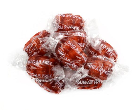 20lb bulk sugar free root beer barrels, dark amber, barrel-shaped hard candies, individually clear-wrapped.