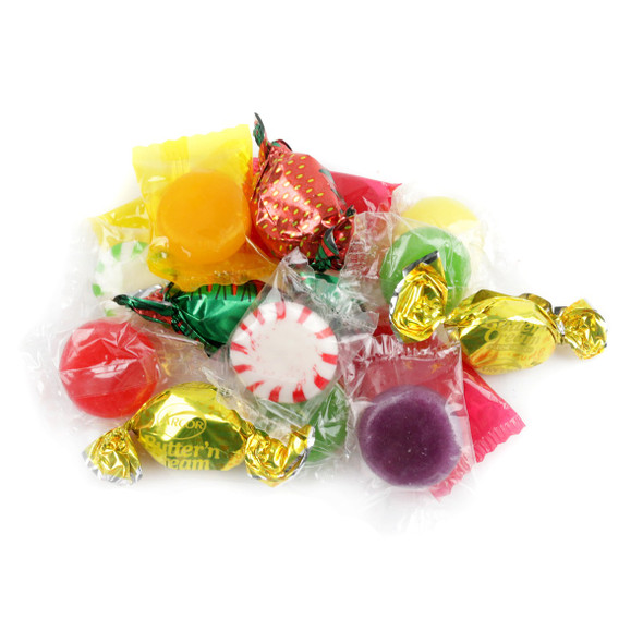 Colorful 30LB bulk hard candy mix, fruit assorted, with butterscotch, peppermint, cinnamon, strawberry bonbons.