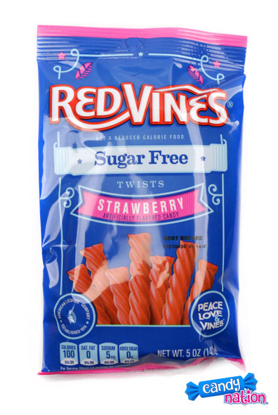 12 packs of Red Vines Sugar Free Red Licorice Twists, 5 oz each, vibrant red, soft strawberry candy.