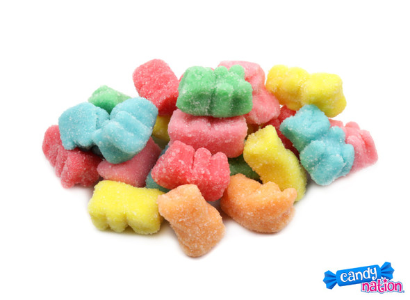 Brightly colored neon sugar sanded fruity gummy bears, 5lb bag, with strawberry, green apple, orange, cherry flavors.