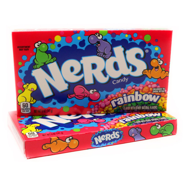 12-pack Nerds Rainbow 5oz boxes. Tangy-sweet crunchy candy in red, purple, orange, yellow, green pebble shapes.