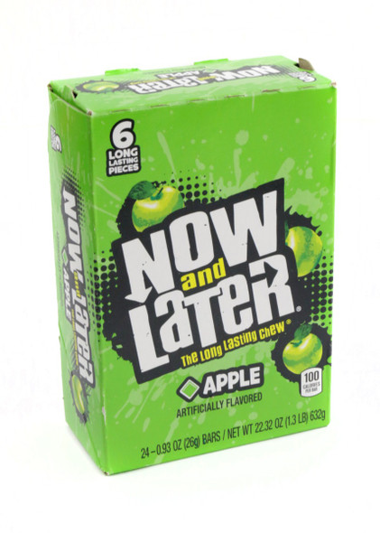 Green Now and Later Apple hard chew taffy, 12 packs totaling 24 individually wrapped squares.