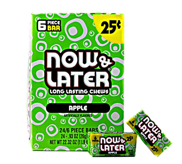 Green apple hard chew taffy squares, Now and Later candy. Individually wrapped pieces, 12 packs, 24 count.