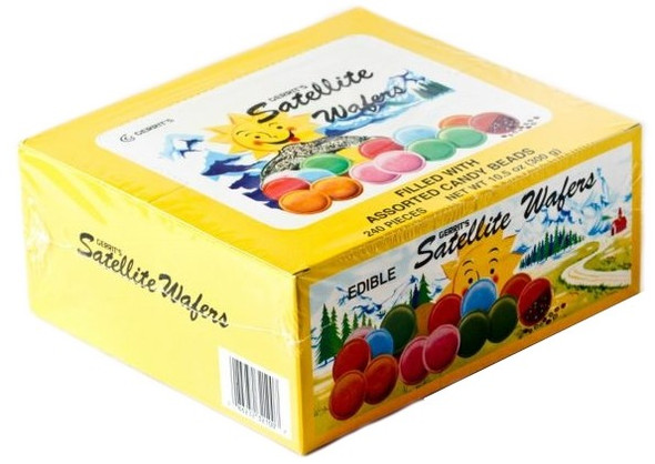 Satellite Wafers Flying Saucer Candy, 18 packs, 240 pieces, thin white wafers filled with colorful candy beads.