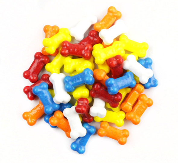 Vibrant Bonz Bone Shaped Candy, 24.7lb, assorted blue, red, white, yellow, orange sweet-tart bone candies.