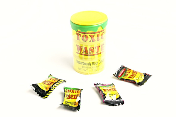 144 Toxic Waste Drums, super sour hard candy in yellow & green nuclear waste drum containers. Blue raspberry, lemon, apple.