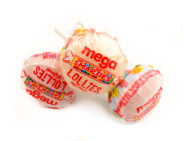 Huge, colorful Smarties Mega Double Lollies, two sweet flavors per stick, 6 packs of 60, 360 lollipops total.