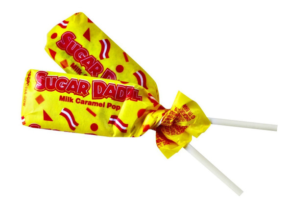 Charms Sugar Daddy milk caramel pops, 24 count box, classic retro golden brown candy.