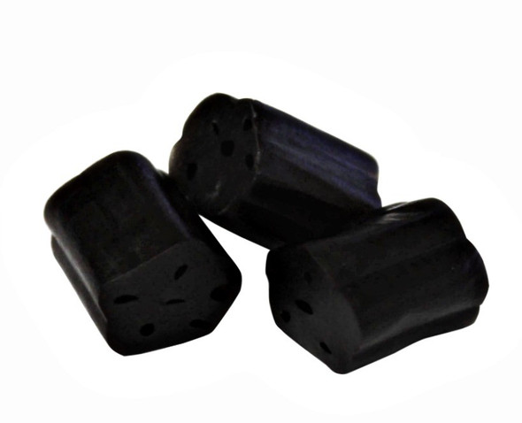 Soft, chewy black licorice honeycomb bites in a 25lb bulk box, each piece perfectly bite-sized.