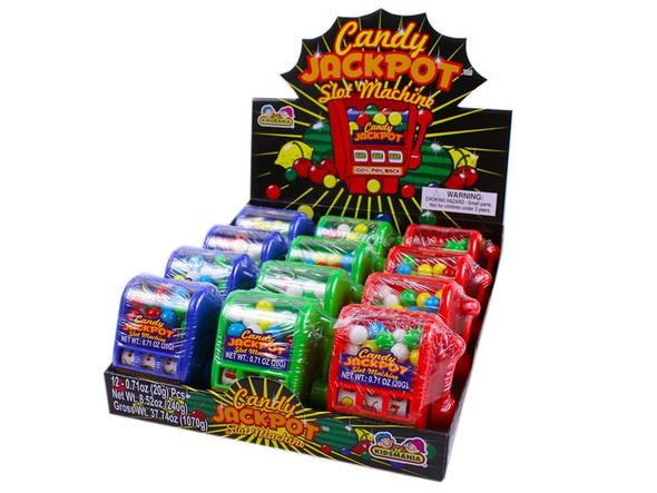 Colorful 3-inch Candy Slot Machines, 12 boxes of 12 count, hard candy included.