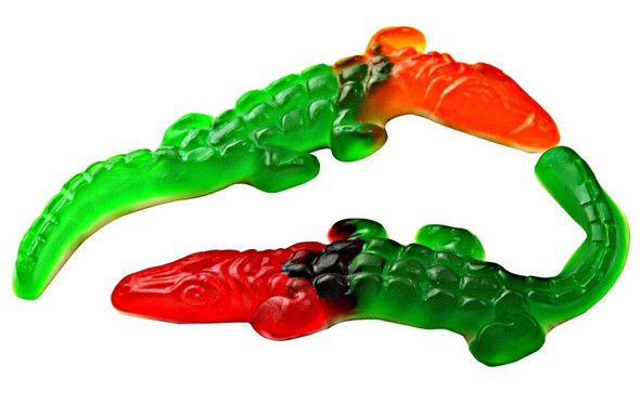 Vidal Gummy Crocodiles, assorted fruit flavors, 5-inch long with white bellies.
