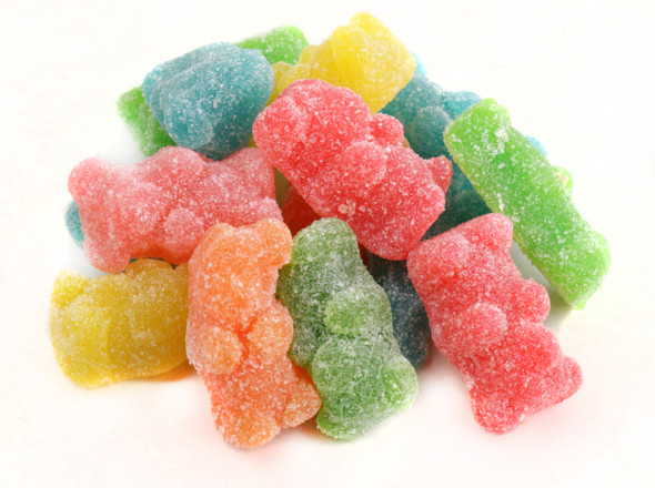 6 large 5lb bags of rainbow-colored, neon sour gummy bears, coated in citrusy sugar.