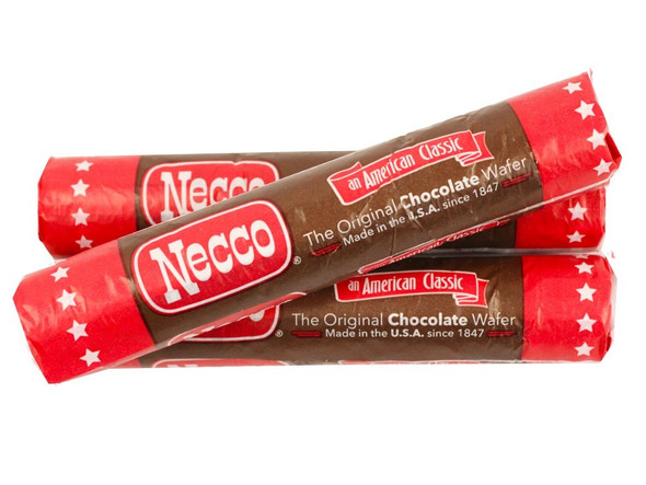 Brown chocolate NECCO Wafers, thin round cocoa candy. 24 count rolls, 2oz each. 12 packs total. Made in USA.