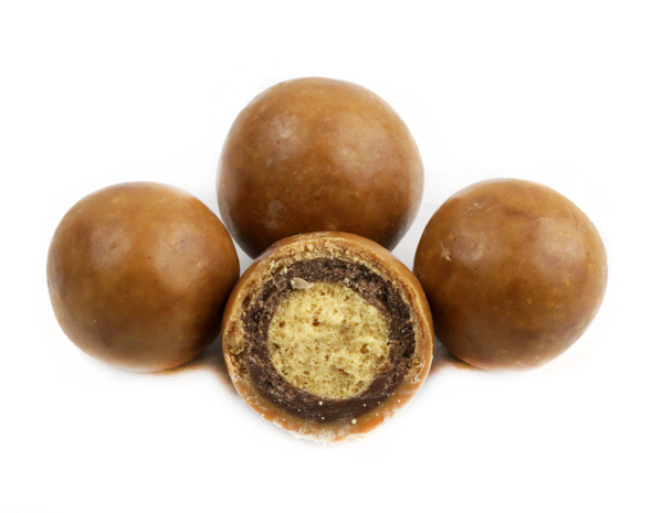 25 LB bulk peanut butter covered malt balls, golden brown smooth creamy coating, crunchy centers.