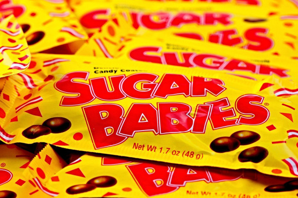 Charms Sugar Babies, 12 packs, 24 count each. Bite-sized, chewy brown caramel candy coated sweets.