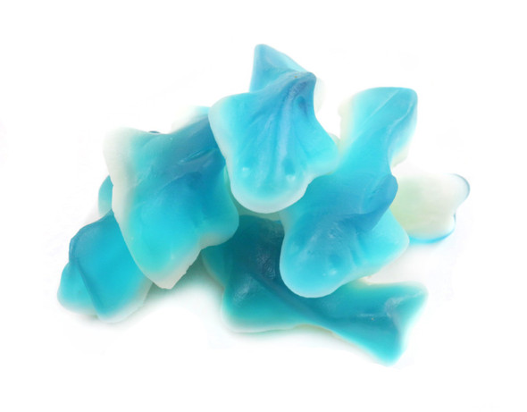 Mini gummy sharks, blue raspberry top, marshmallow bottom. 1.5-inch long blue and white candy. 6/5lb bulk case.