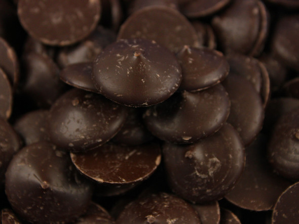 25lb bulk box of dark chocolate melting wafers, rich dark brown discs for baking.