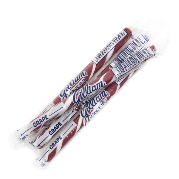 80 Gilliam Old Fashioned Grape hard candy sticks, individually wrapped, striped purple, 5 inches long.