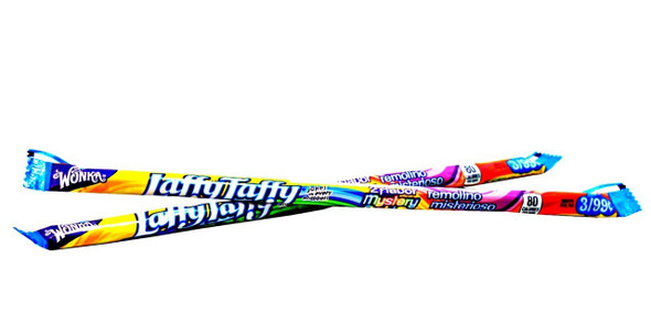 Colorful Laffy Taffy Rope Mystery Swirl, 24 count display box of 10-inch candy ropes.