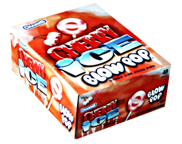 Cool icy white Cherry Ice Blow Pops, 48 cherry-flavored lollipops with bubble gum centers, 12 packs.
