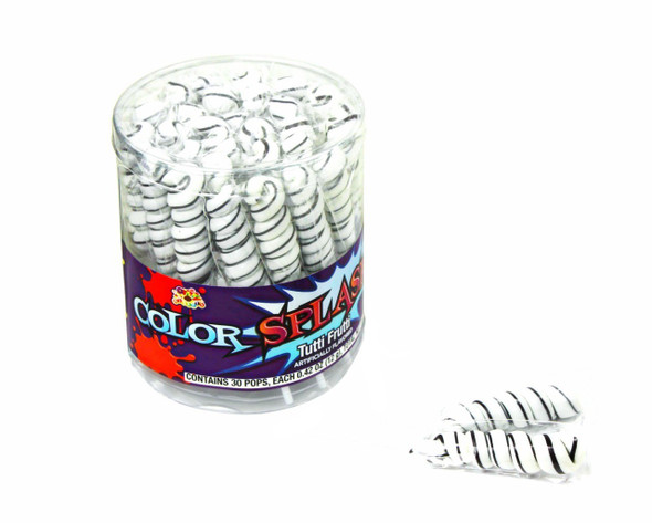 White and black twist tutti frutti lollipops, 2.5 inch pops, individually wrapped, 30-count container, 6-pack.