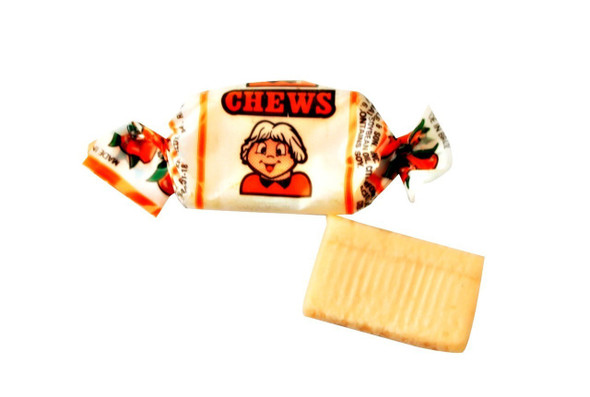 Alberts Peach Fruit Chews, 18 bags of 240 individually wrapped orange chewy candies.