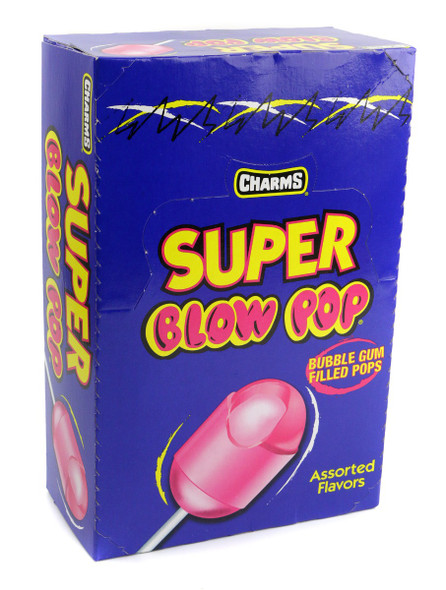 Colorful, assorted fruit Super Blow Pops, 12 boxes of 48 count each. Lollipop shell, bubble gum center.