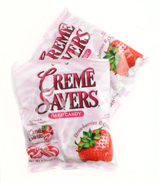 Creme Savers Strawberry & Creme hard candy, 12 individually wrapped pink and white swirl pieces, 6.25oz pack.