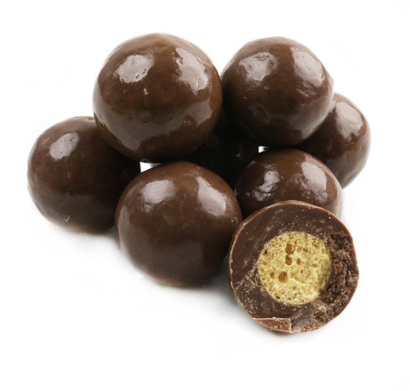 10lb box of triple-dipped crunchy milk chocolate malt balls. Creamy brown candy.