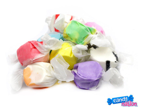 Sweets Candy Co. Assorted Salt Water Taffy, 3lb bulk, individually wrapped, vibrant fruit candy colors.