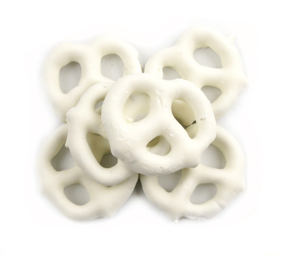 15lb box of mini white yogurt pretzels. Many bite-sized, sweet, creamy coated pretzels.