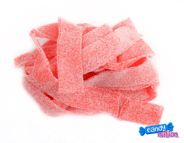 Dorval Sour Belts, 19.8 LB case of super sour pink strawberry candy strips, approx 9 inches long.
