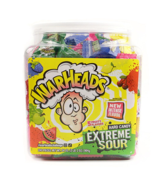 Six 34oz tubs of Warheads Sour Hard Candy. 240 assorted red, blue, green, yellow, pink pieces per tub.