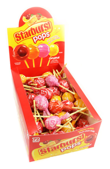 Starburst Lollipops, 72 individually wrapped lemon, cherry, strawberry, orange pieces. Hard candy shell, fruit chew center.