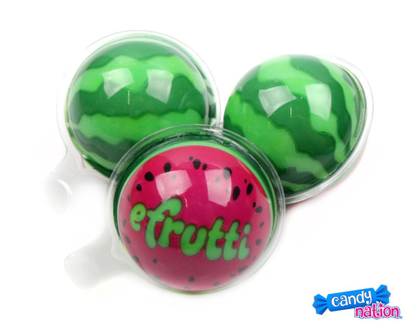 efrutti Watermelon Splash, 6 bags of 85 green and red striped sweet and sour gummy watermelon candies.