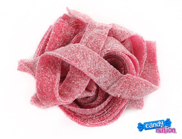 Bright red Dorval Wild Cherry Sour Belts, 19.8 LB bulk case. Long, sugar-coated, tangy sour candy strips.