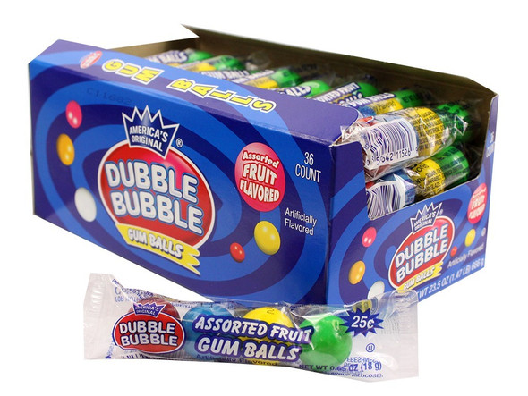 Box of 36 Dubble Bubble 4-ball tubes, each containing four colorful, assorted fruit-flavored gumballs.